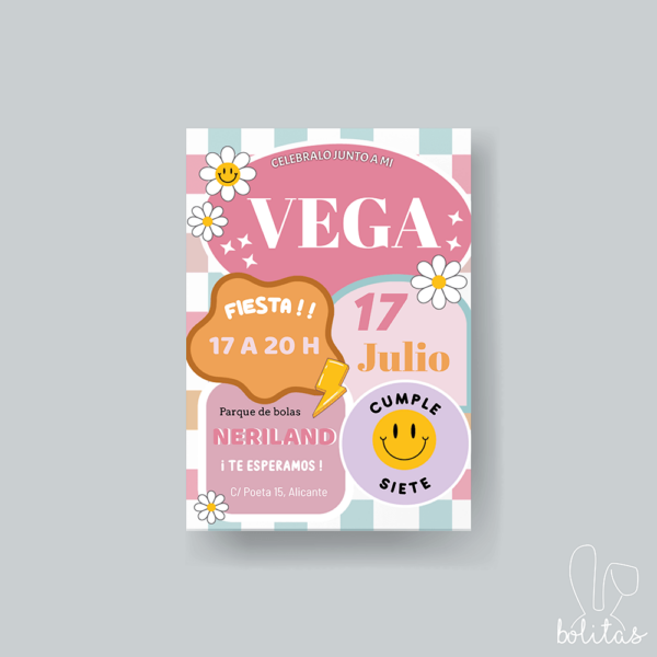 Invitación Cumpleaños Infantil Cara Sonriente Rosa - Imagen 2