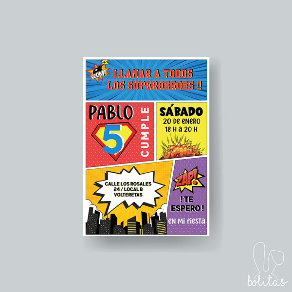 Invitación cumpleaños superhéroe comic - Imagen 2