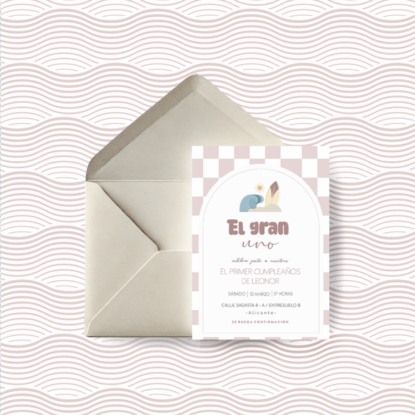 Invitación Cumpleaños Infantil Surf Rosa