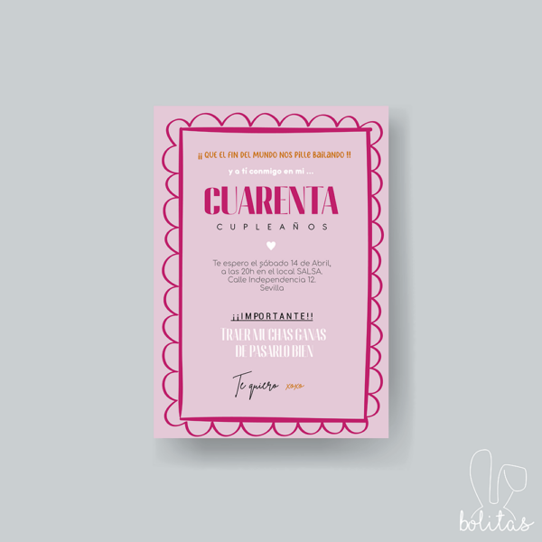 Invitación cumpleaños adulto marco rosa - Imagen 2