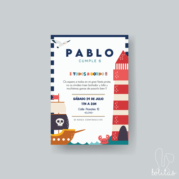 Invitación Cumpleaños Infantil Pirata - Imagen 2