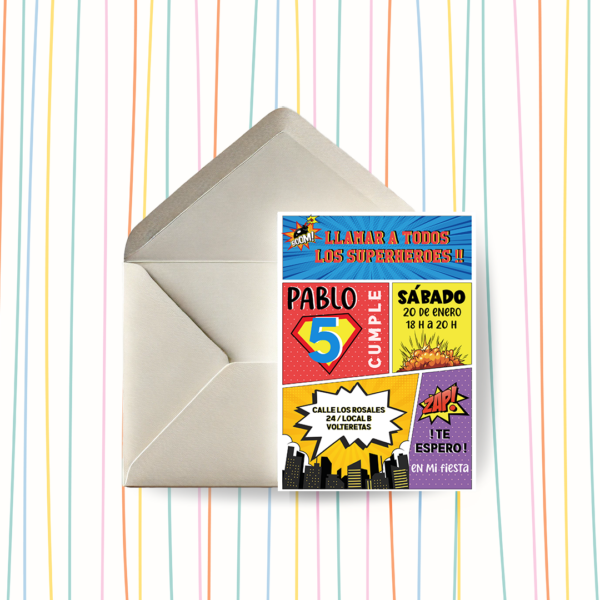 Invitación cumpleaños superhéroe comic
