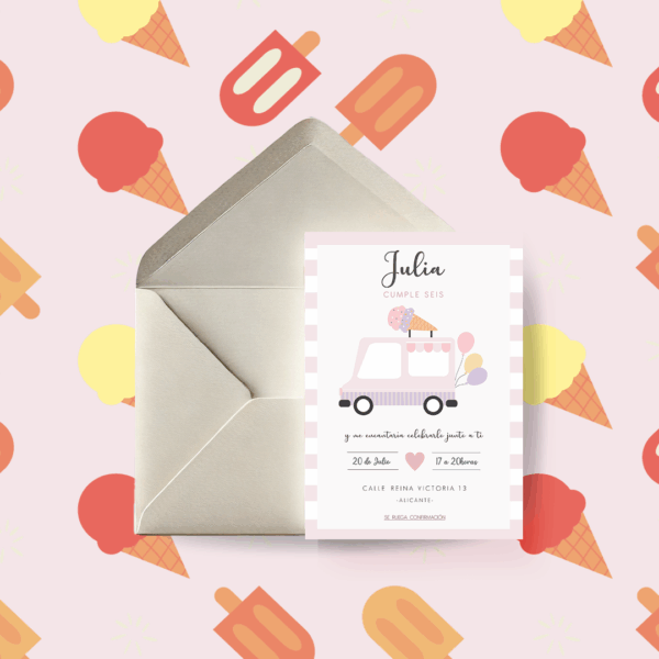 Invitación Cumpleaños Infantil Helados Rosa