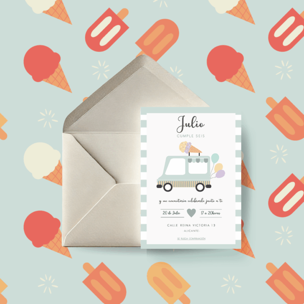 Invitación Cumpleaños Infantil Helados Rosa Azul